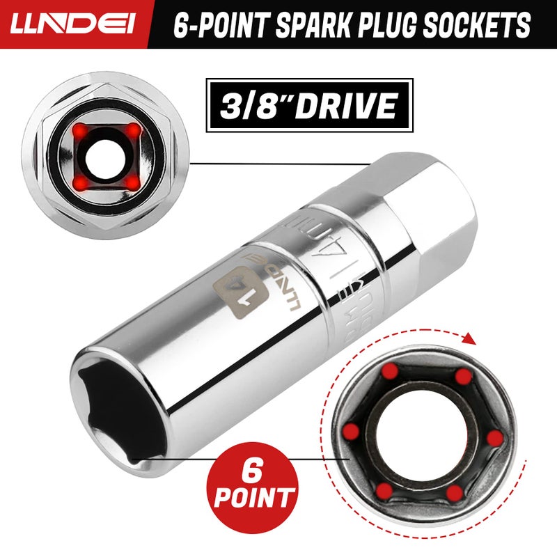 LLNDEI 3/8-Inch Drive Spark Plug Socket Set 7PCS  SAE & Metric  5/8-inch  3/4-inch  13/16-inch  14mm  18mm  CR-V Steel Mirror Finish Sockets with Rubber Retaining Rings  Universal Joint  Extension Bar - Image 4